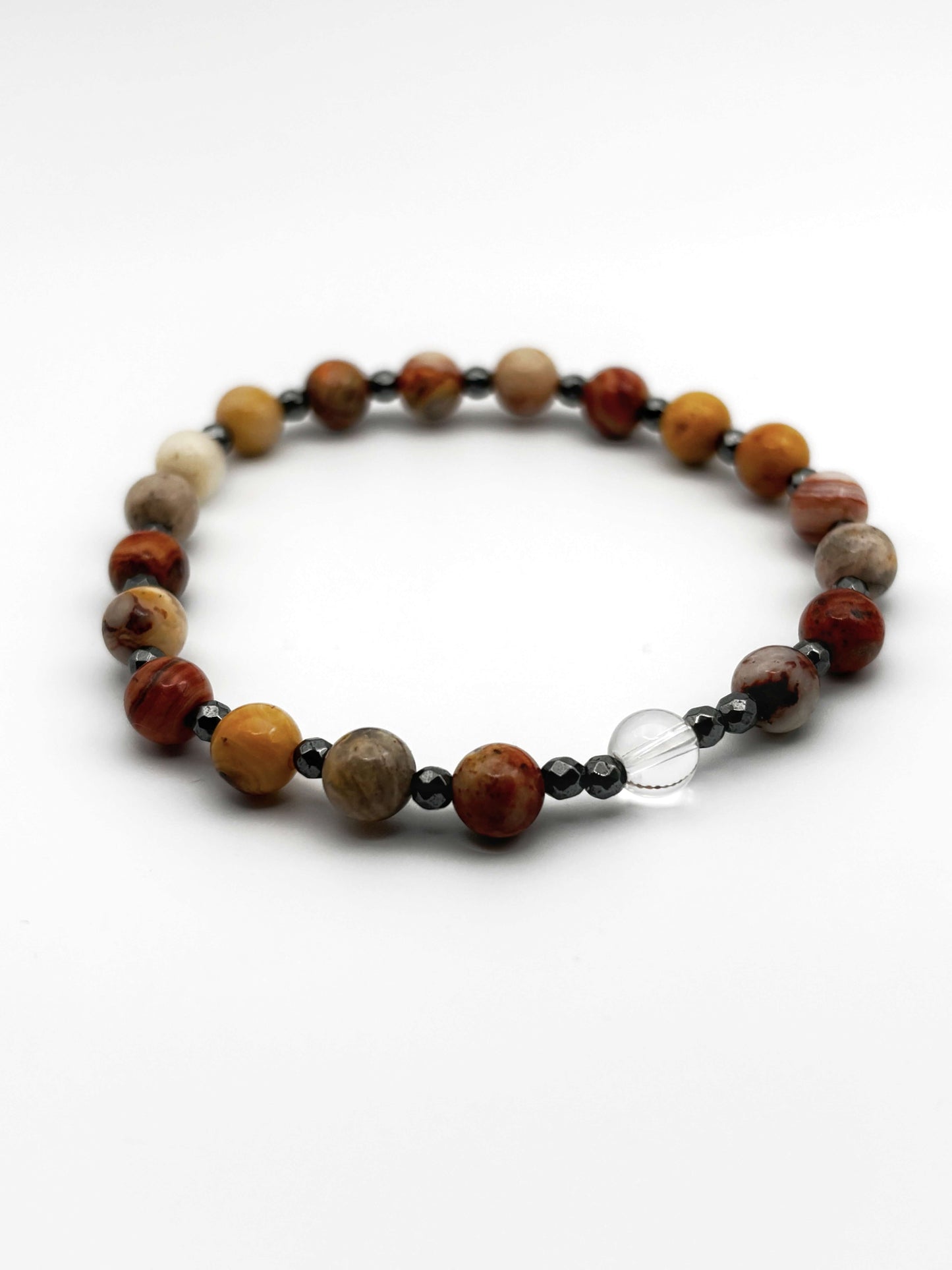 Crazy Lace Agate, Hematite, and Clear Quartz Bracelet