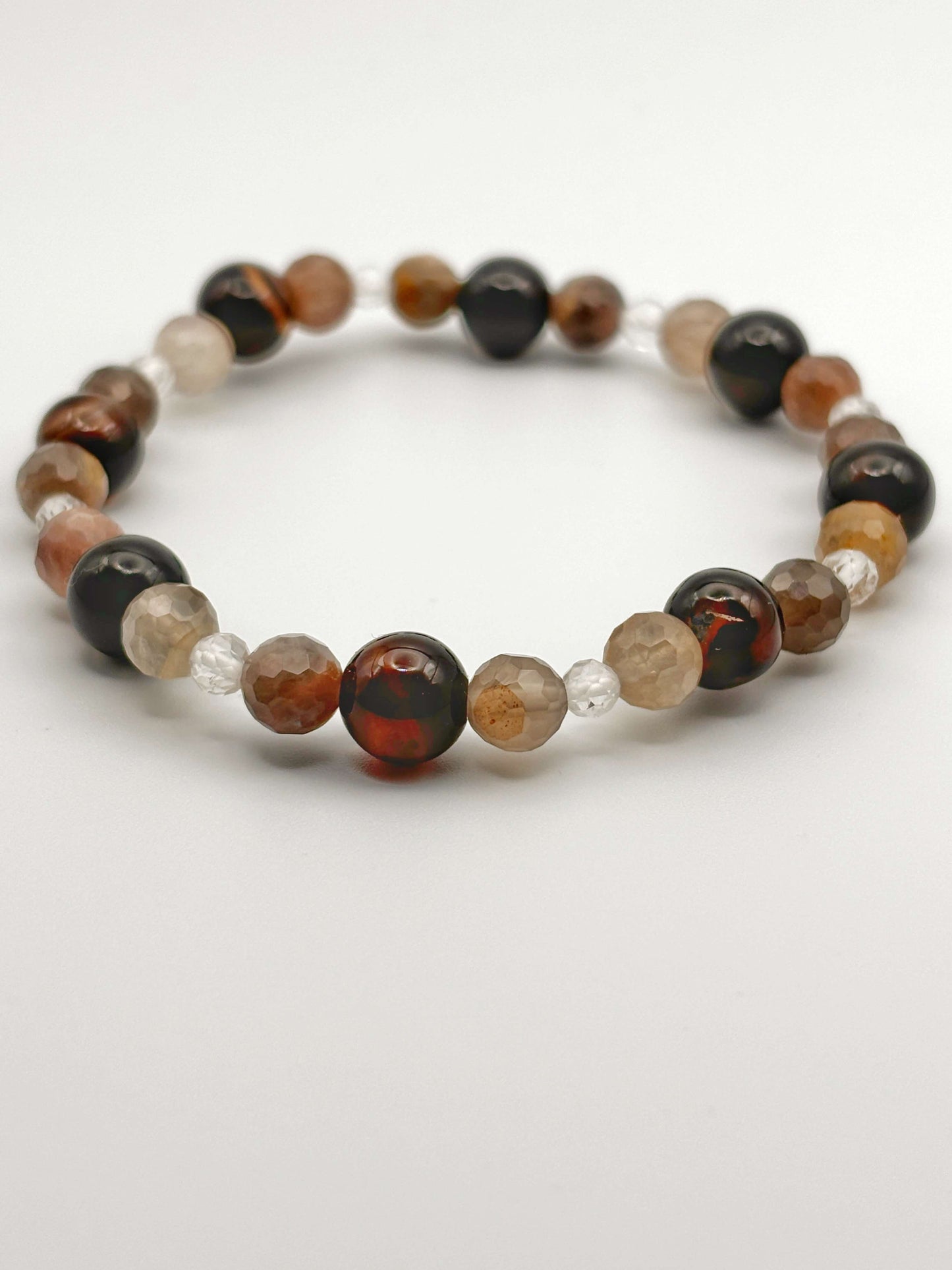 Copper Sunstone, Clear Quartz, and Obsidian Gemstone Bracelet