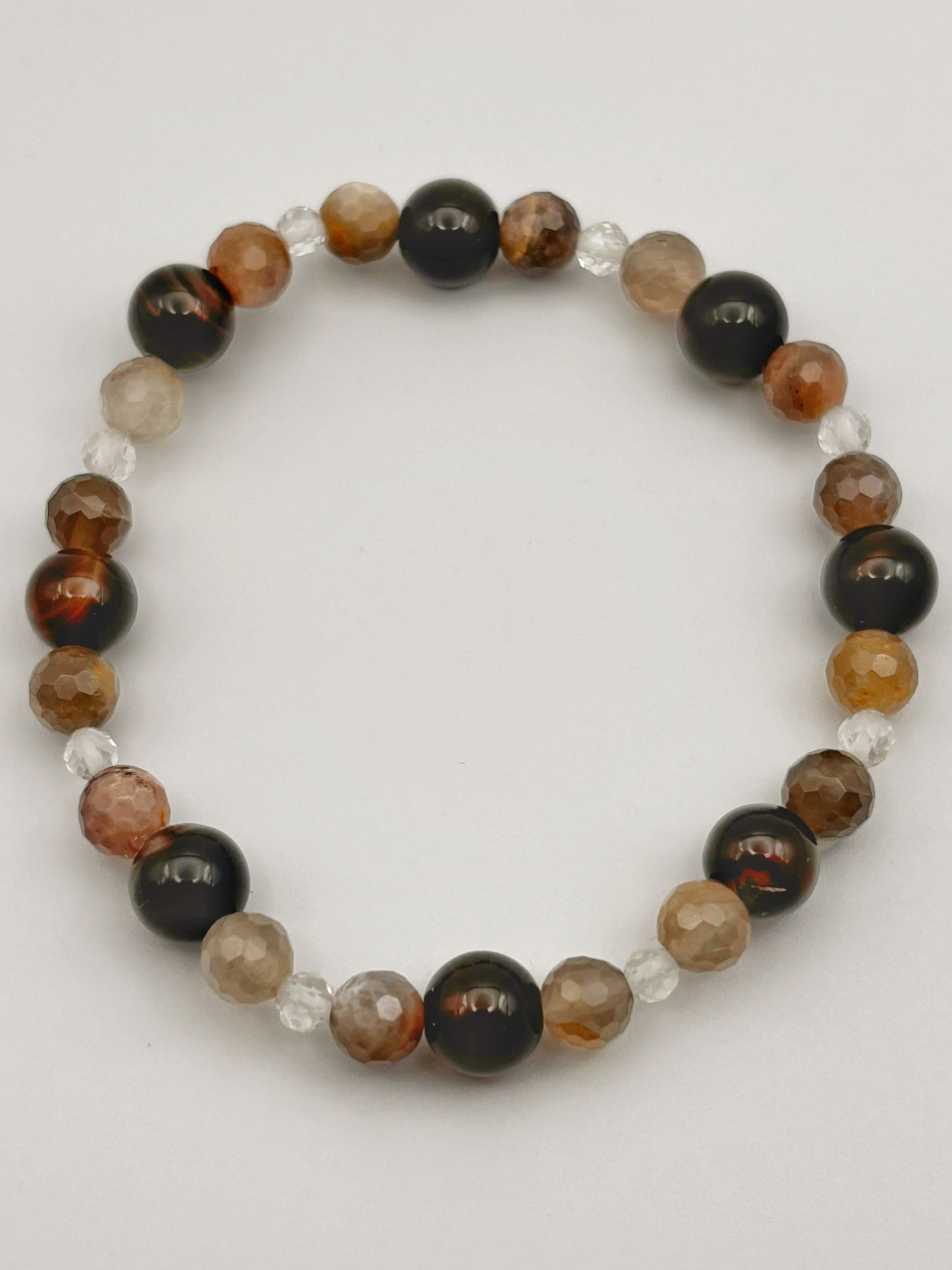 Copper Sunstone, Clear Quartz, and Obsidian Gemstone Bracelet